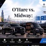 All Star Limo graphic titled "O'Hare vs. Midway:" showing a fleet of black vehicles — a stretch limo, luxury sedan, SUV, sprinter van, and shuttle — parked in front of the Chicago skyline near Midway International Airport signage.