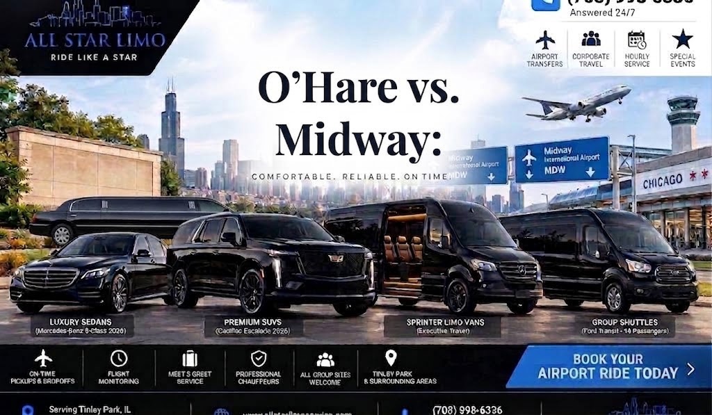 All Star Limo graphic titled "O'Hare vs. Midway:" showing a fleet of black vehicles — a stretch limo, luxury sedan, SUV, sprinter van, and shuttle — parked in front of the Chicago skyline near Midway International Airport signage.