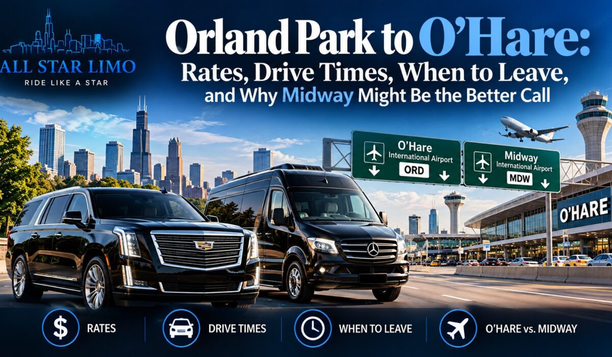 All Star Limo black Cadillac Escalade SUV and Mercedes Sprinter van for Orland Park to O'Hare and Midway airport car service