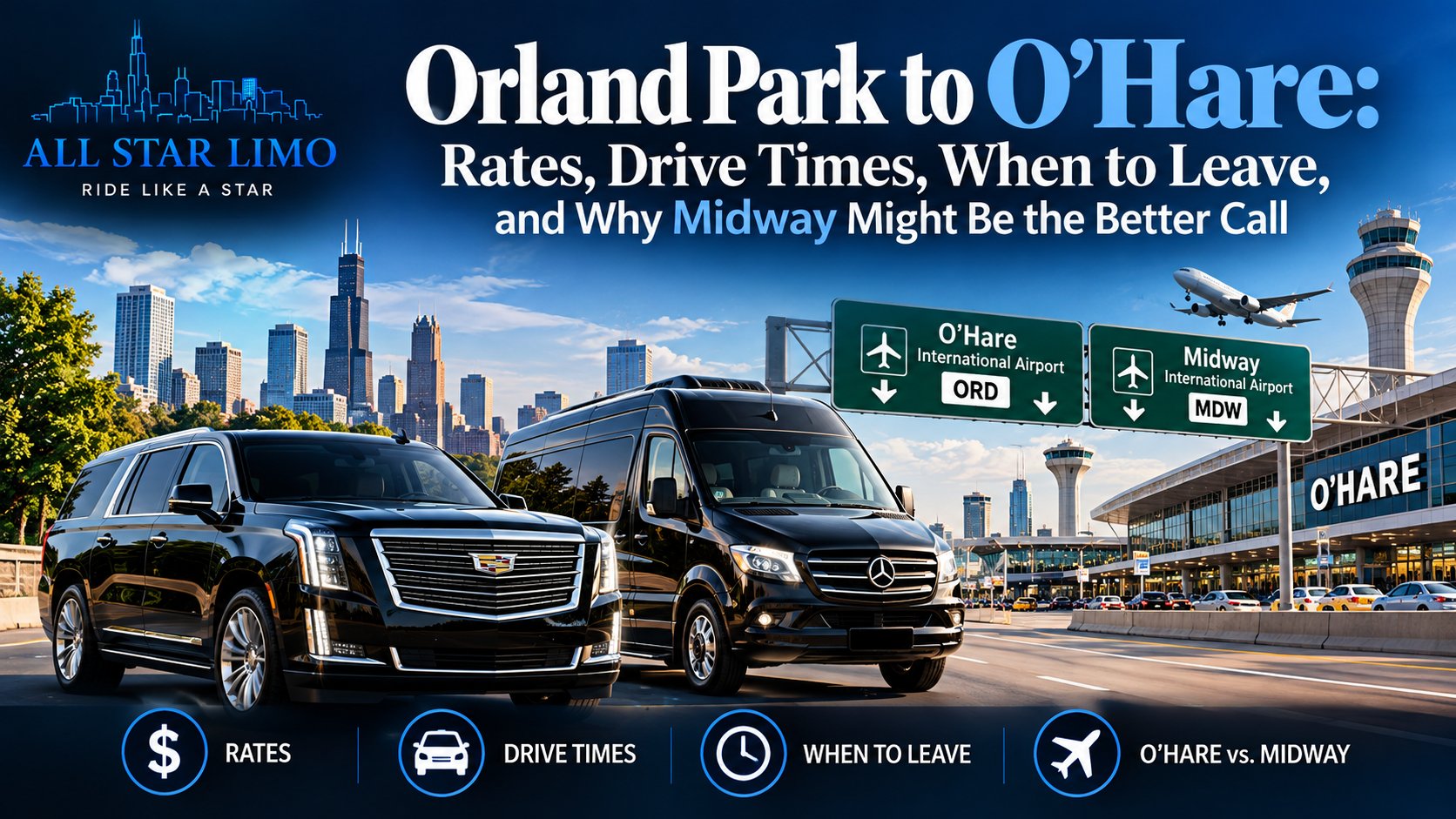 All Star Limo black Cadillac Escalade SUV and Mercedes Sprinter van for Orland Park to O'Hare and Midway airport car service