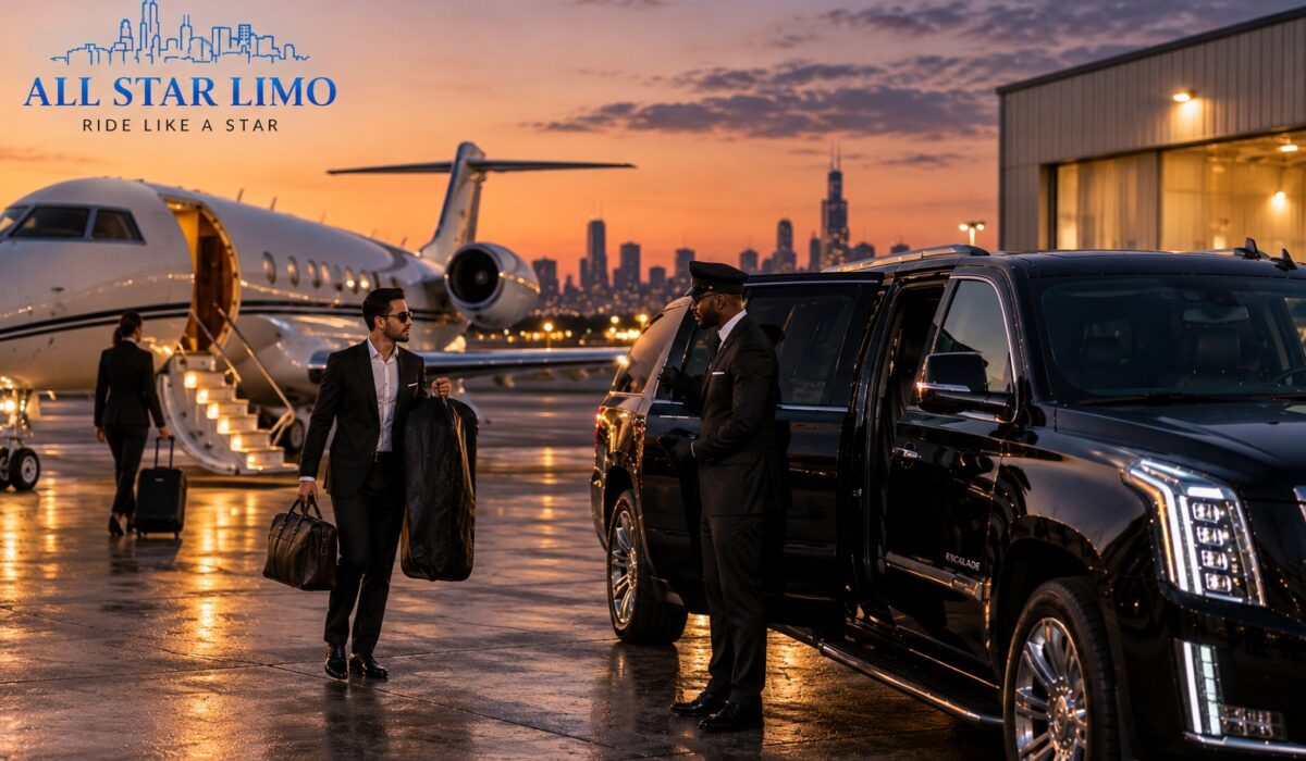 All Star Limo chauffeur waiting beside a black SUV near a private jet at a Chicago-area executive airport