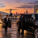 All Star Limo chauffeur waiting beside a black SUV near a private jet at a Chicago-area executive airport