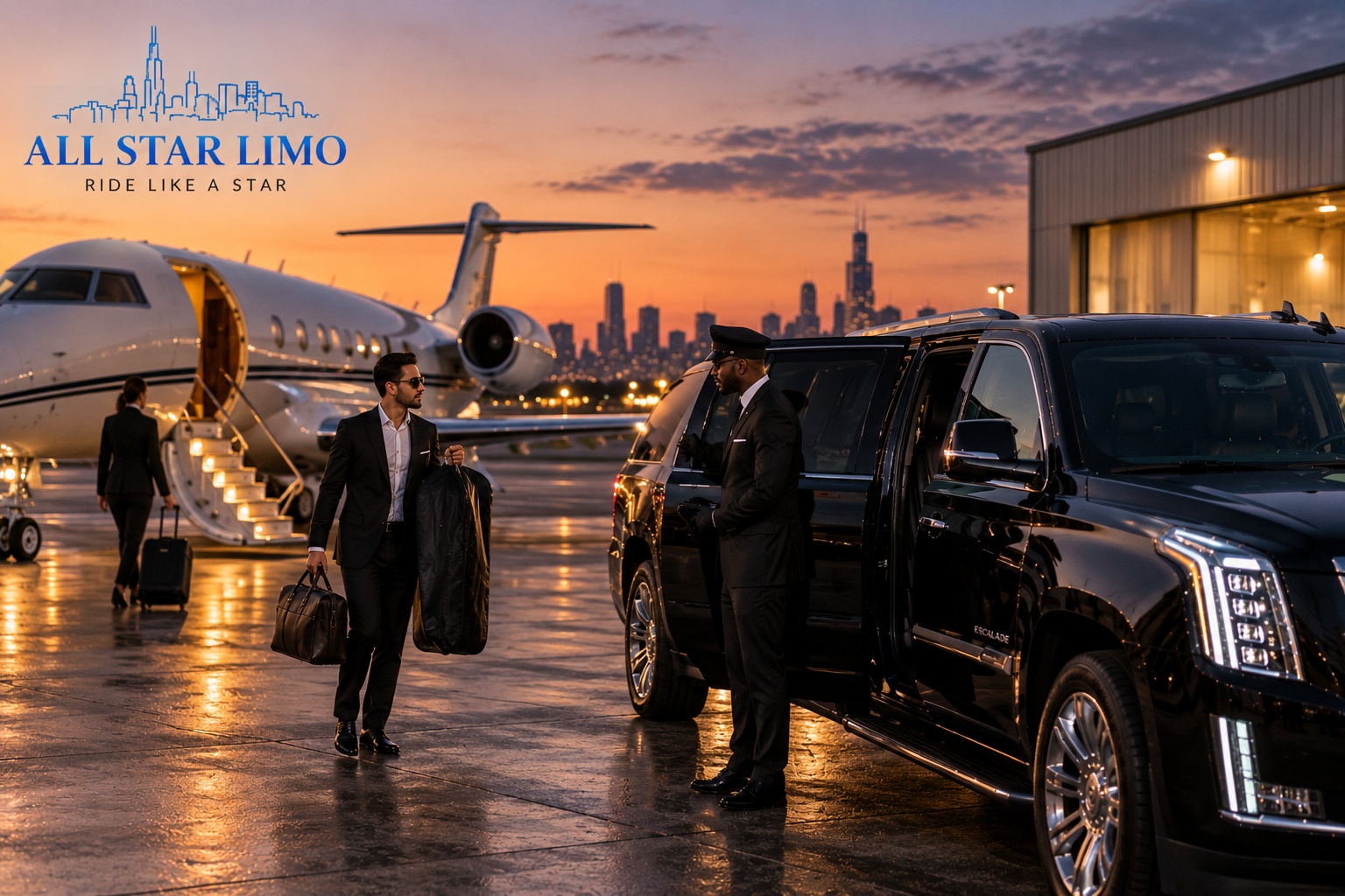 All Star Limo chauffeur waiting beside a black SUV near a private jet at a Chicago-area executive airport