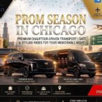 All Star Limo graphic titled "Prom Season in Chicago" with a gold and silver theme and confetti, showing a fleet of black vehicles — a stretch limo, luxury sedan, SUV, sprinter van, and shuttle — near the Chicago skyline and O'Hare airport signage.