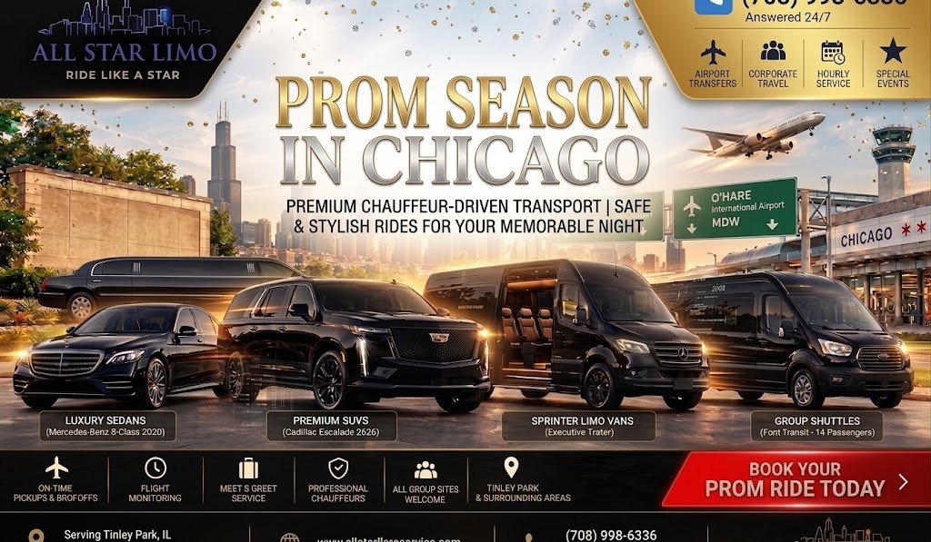 All Star Limo graphic titled "Prom Season in Chicago" with a gold and silver theme and confetti, showing a fleet of black vehicles — a stretch limo, luxury sedan, SUV, sprinter van, and shuttle — near the Chicago skyline and O'Hare airport signage.