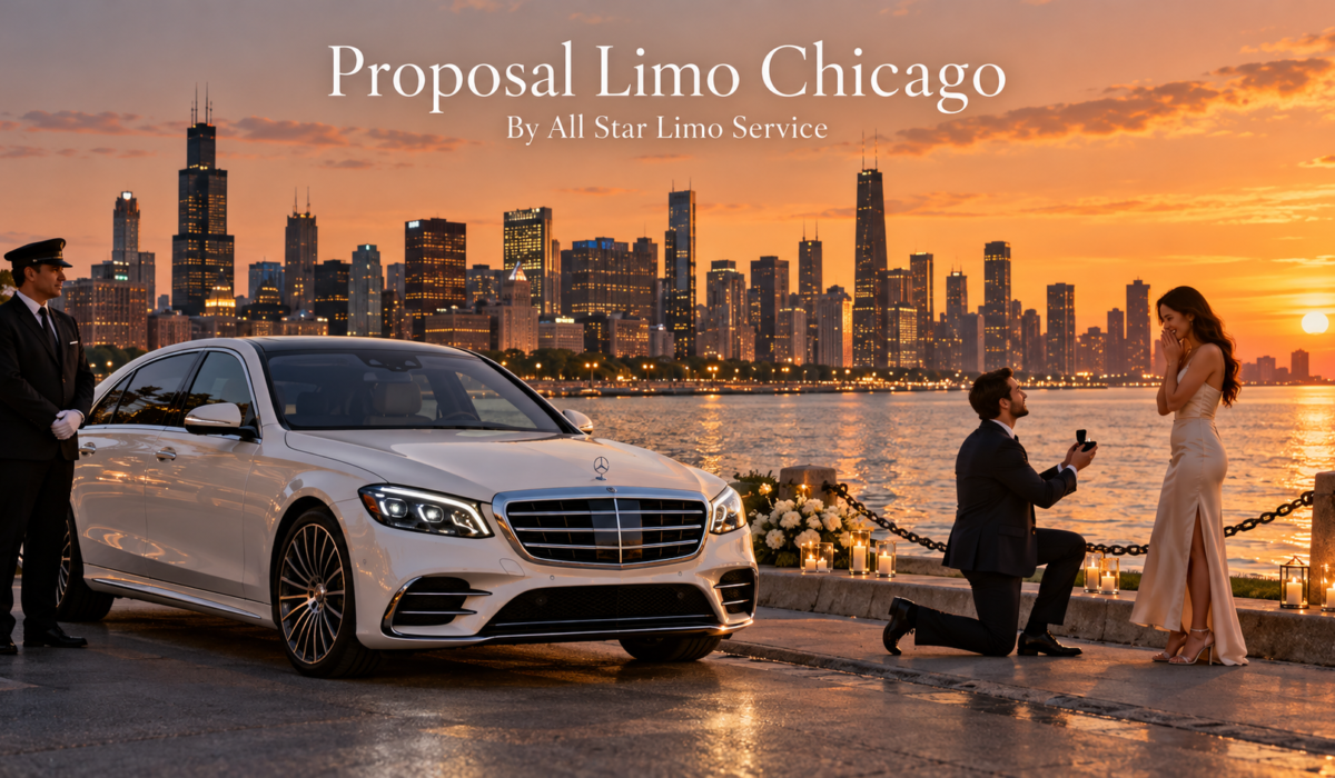 Proposal limo Chicago with a white 2026 Mercedes-Benz S-Class parked by the lakefront as a couple celebrates an engagement at sunset