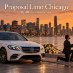 Proposal limo Chicago with a white 2026 Mercedes-Benz S-Class parked by the lakefront as a couple celebrates an engagement at sunset