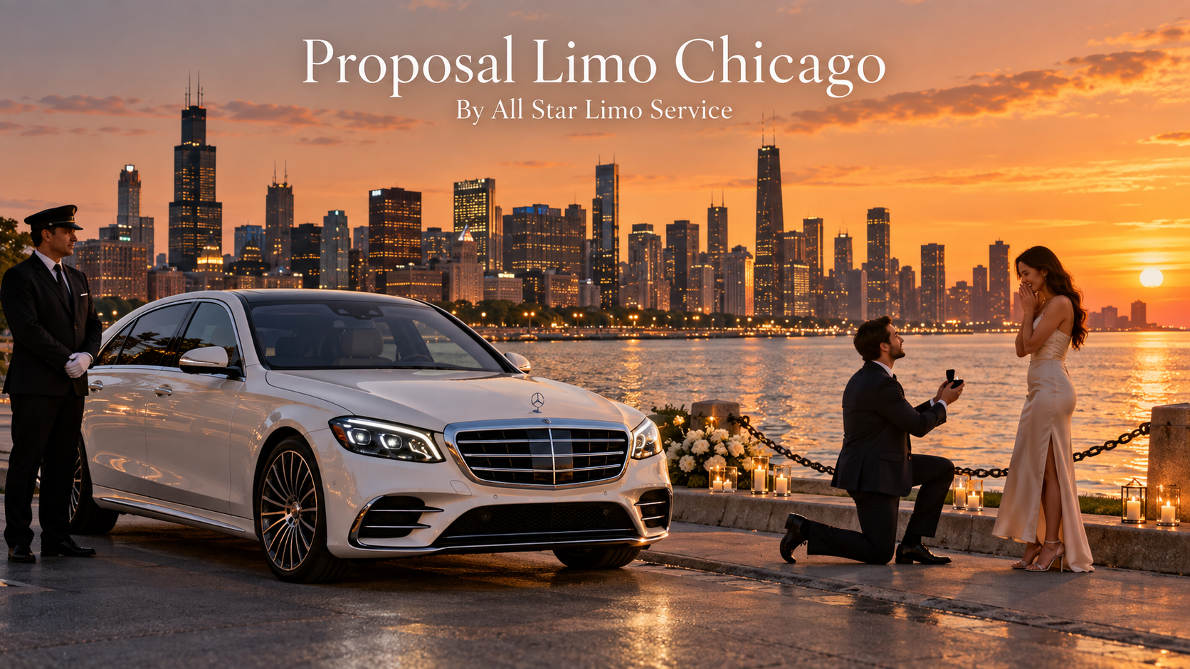 Proposal limo Chicago with a white 2026 Mercedes-Benz S-Class parked by the lakefront as a couple celebrates an engagement at sunset