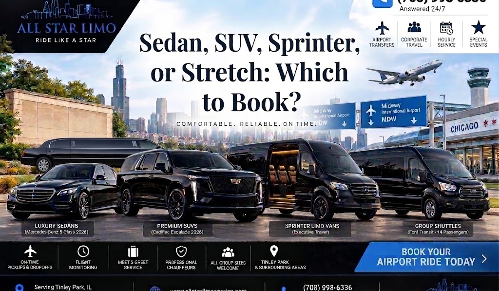 All Star Limo graphic titled "Sedan, SUV, Sprinter, or Stretch: Which to Book?" showing a fleet of black vehicles — a stretch limo, luxury sedan, SUV, sprinter van, and shuttle — parked in front of the Chicago skyline near Midway International Airport.
