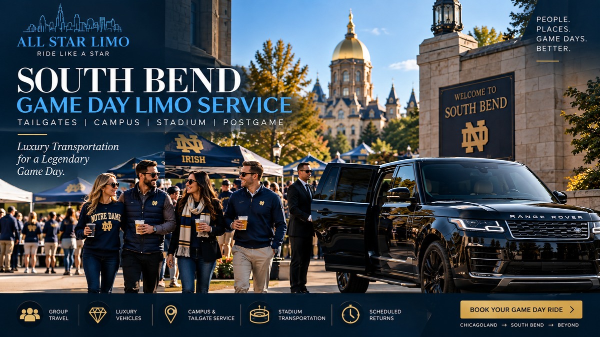 South Bend game day limo service with All Star Limo vehicle for Notre Dame tailgates and football stadium trips