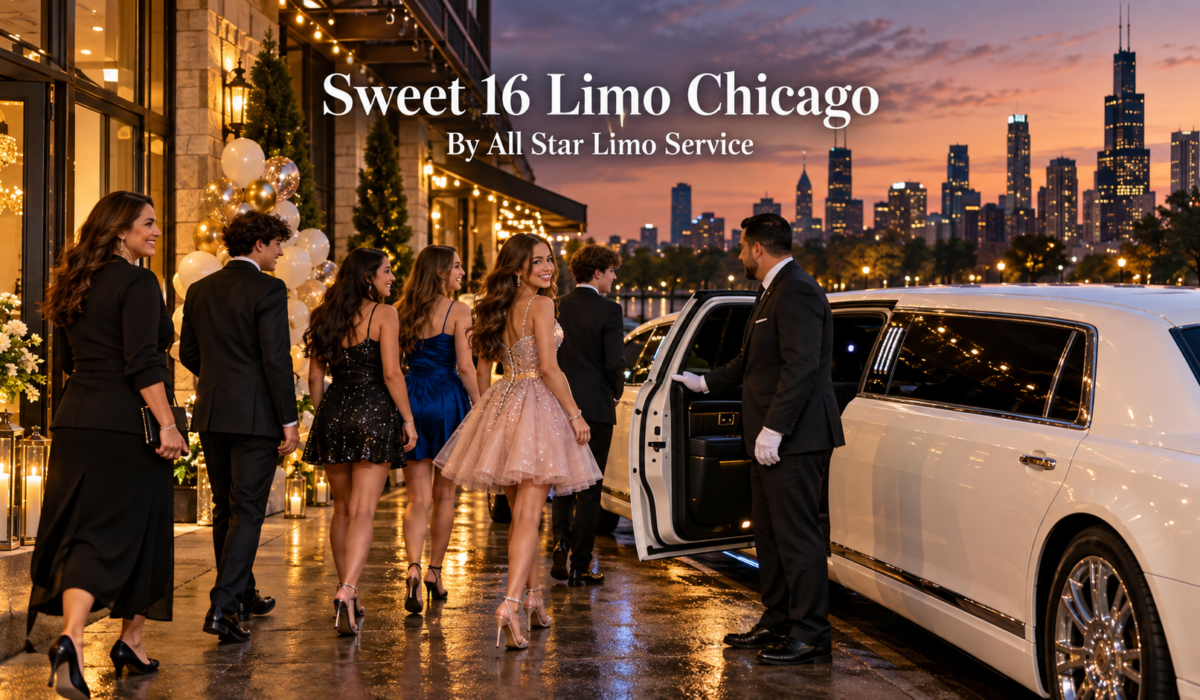 Sweet 16 limo Chicago with a white stretch limousine and chauffeur outside an elegant party venue at dusk