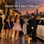 Sweet 16 limo Chicago with a white stretch limousine and chauffeur outside an elegant party venue at dusk