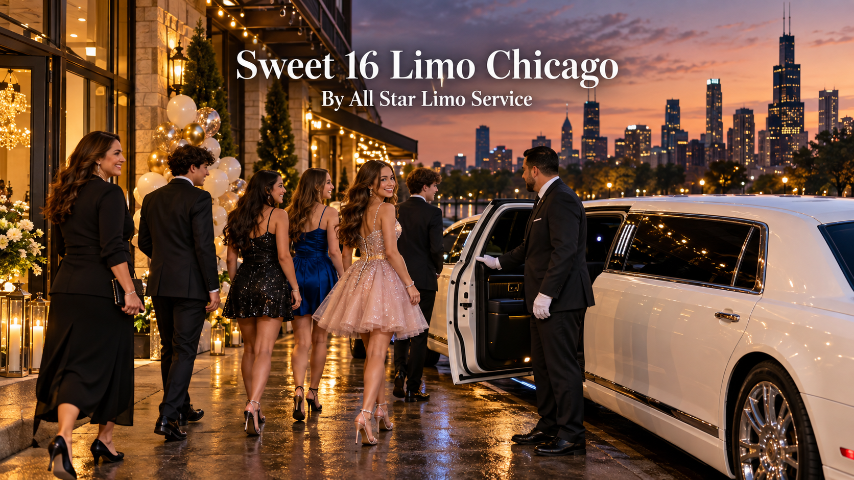 Sweet 16 limo Chicago with a white stretch limousine and chauffeur outside an elegant party venue at dusk