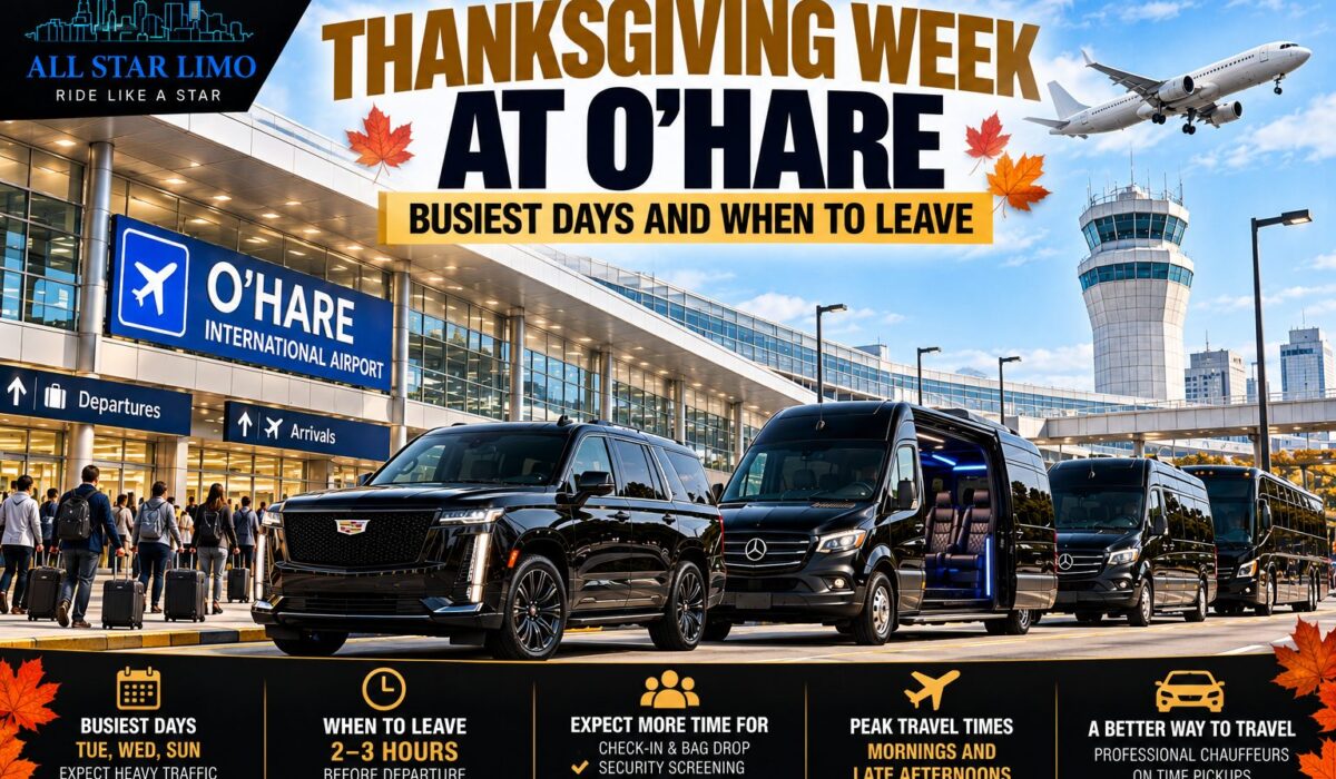 Thanksgiving week at O'Hare Airport: busiest travel days are Tuesday, Wednesday and Sunday, so arrive 2 to 3 hours before departure; an All Star Limo Escalade, Sprinter vans and a coach are parked at the terminal curb