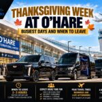 Thanksgiving week at O'Hare Airport: busiest travel days are Tuesday, Wednesday and Sunday, so arrive 2 to 3 hours before departure; an All Star Limo Escalade, Sprinter vans and a coach are parked at the terminal curb