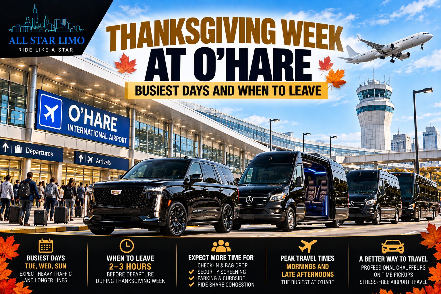 Thanksgiving week at O'Hare Airport: busiest travel days are Tuesday, Wednesday and Sunday, so arrive 2 to 3 hours before departure; an All Star Limo Escalade, Sprinter vans and a coach are parked at the terminal curb
