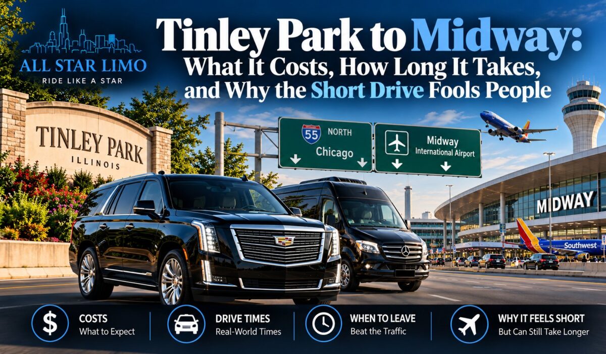 All Star Limo black Cadillac Escalade SUV and Mercedes Sprinter van for Tinley Park to Midway Airport car service