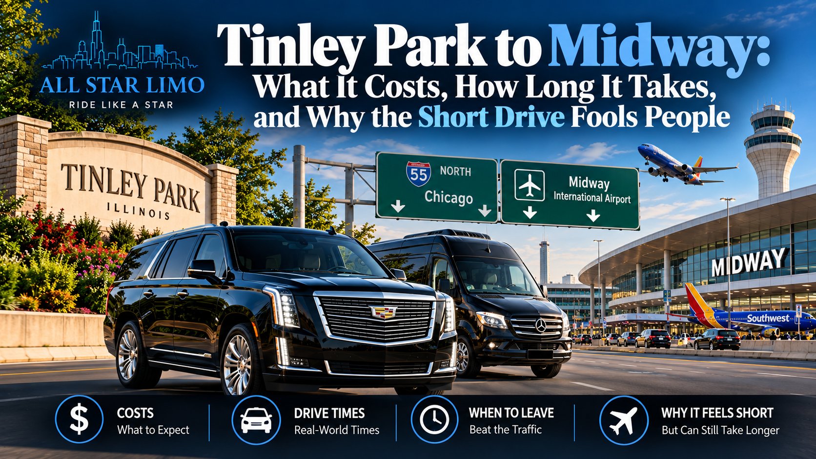 All Star Limo black Cadillac Escalade SUV and Mercedes Sprinter van for Tinley Park to Midway Airport car service