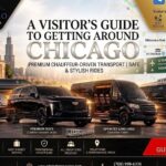 All Star Limo graphic titled "A Visitor's Guide to Getting Around Chicago" with a city map showing landmarks like Millennium Park, Navy Pier, and the Art Institute, and a fleet of black vehicles — a stretch limo, luxury sedan, SUV, sprinter van, and shuttle — near the Chicago skyline and O'Hare airport signage.