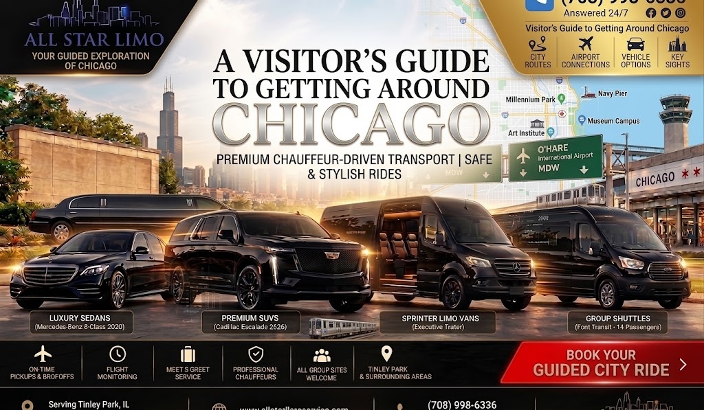 All Star Limo graphic titled "A Visitor's Guide to Getting Around Chicago" with a city map showing landmarks like Millennium Park, Navy Pier, and the Art Institute, and a fleet of black vehicles — a stretch limo, luxury sedan, SUV, sprinter van, and shuttle — near the Chicago skyline and O'Hare airport signage.
