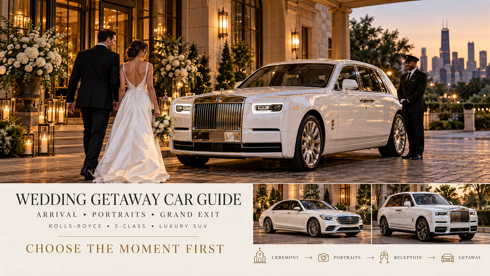 Wedding getaway car guide with Rolls-Royce, Mercedes-Benz S-Class and luxury SUV options for ceremony arrivals, photos and grand exits