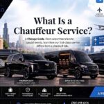 All Star Limo graphic titled "What Is a Chauffeur Service?" with subtext "A Chicago Guide," showing a fleet of black vehicles — a stretch limo, luxury sedan, SUV, sprinter van, and shuttle — parked in front of the Chicago skyline near Midway International Airport signage.