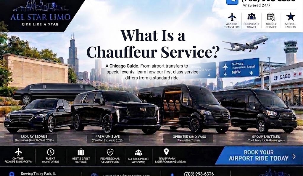 All Star Limo graphic titled "What Is a Chauffeur Service?" with subtext "A Chicago Guide," showing a fleet of black vehicles — a stretch limo, luxury sedan, SUV, sprinter van, and shuttle — parked in front of the Chicago skyline near Midway International Airport signage.