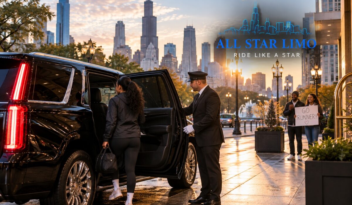 All Star Limo chauffeur helping a marathon runner into a black SUV outside a Chicago hotel at sunrise while spectators cheer