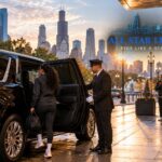 All Star Limo chauffeur helping a marathon runner into a black SUV outside a Chicago hotel at sunrise while spectators cheer