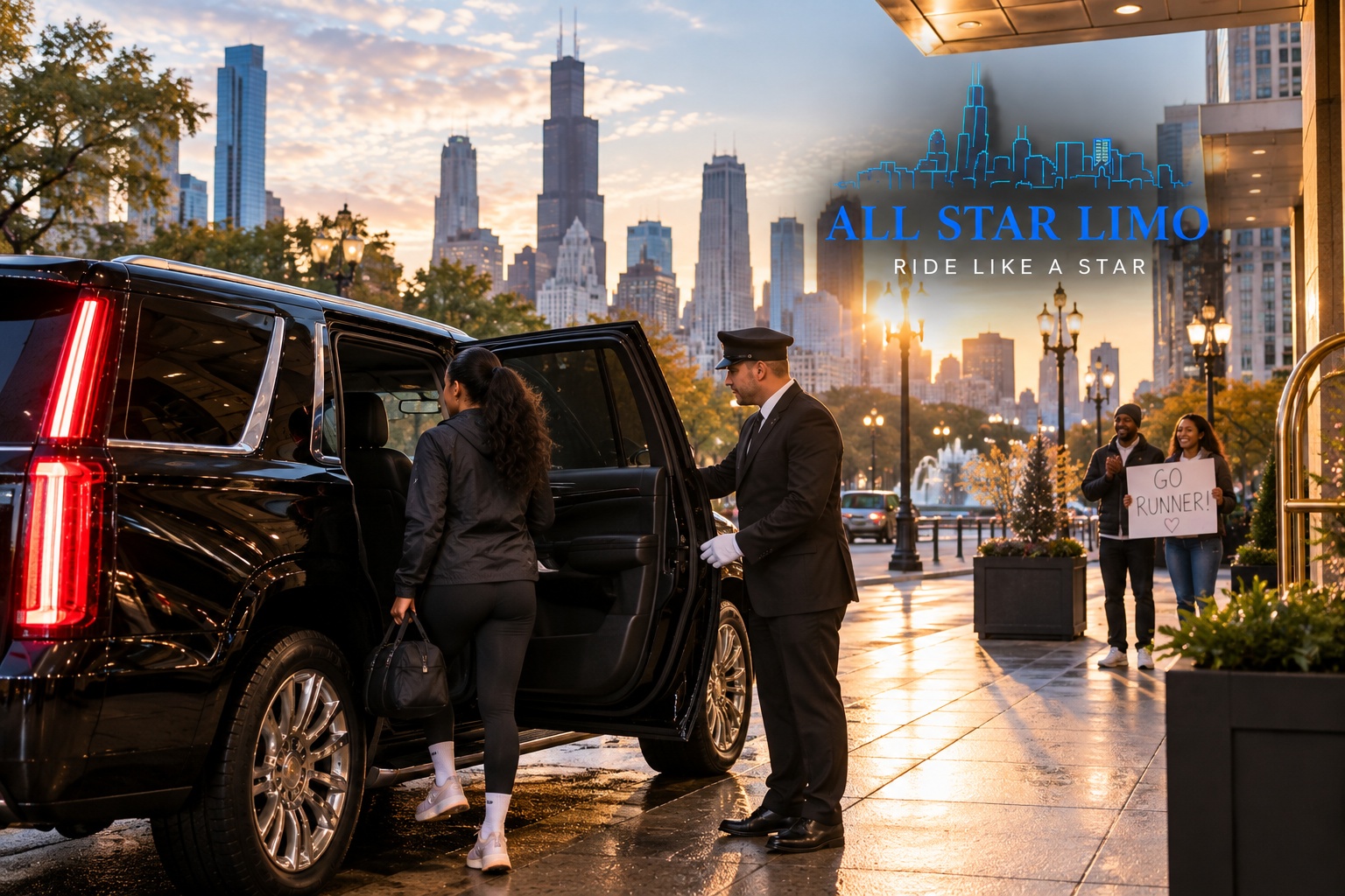 All Star Limo chauffeur helping a marathon runner into a black SUV outside a Chicago hotel at sunrise while spectators cheer