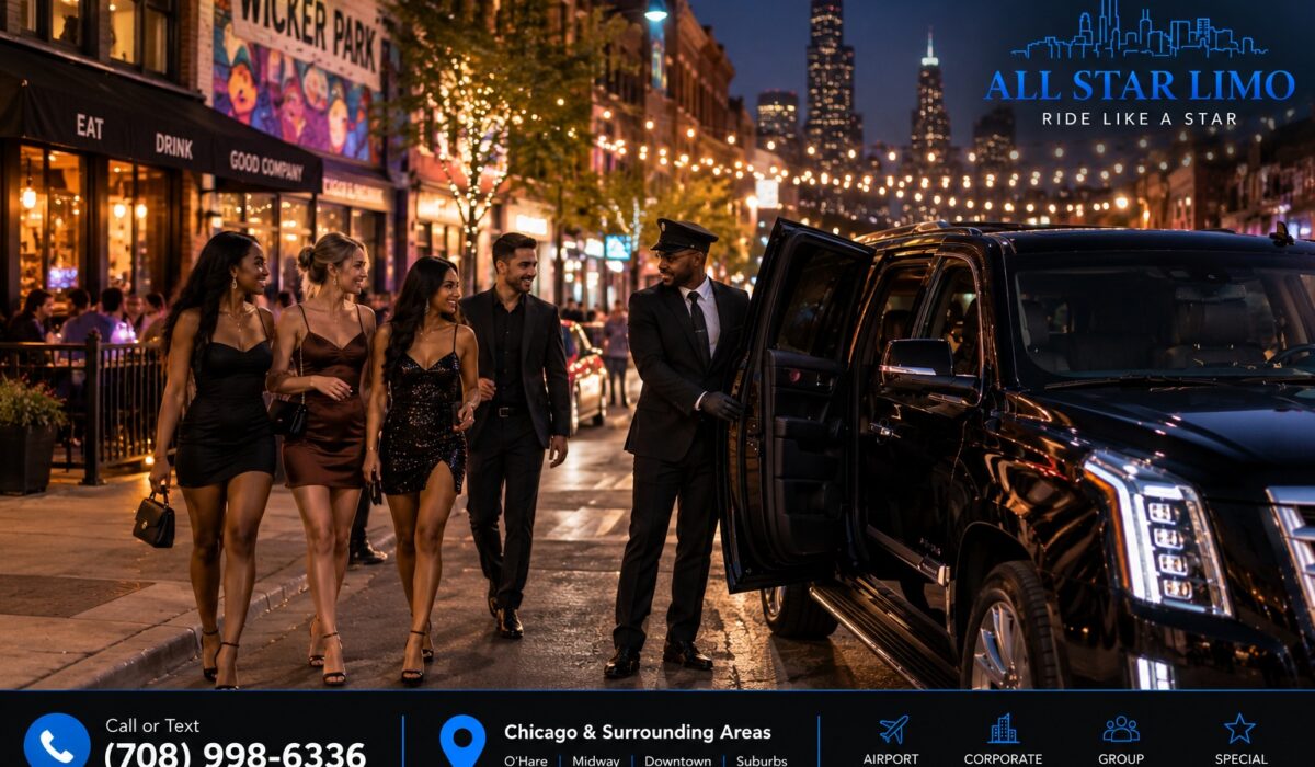 All Star Limo chauffeur greeting a group for a night out in Wicker Park, Chicago