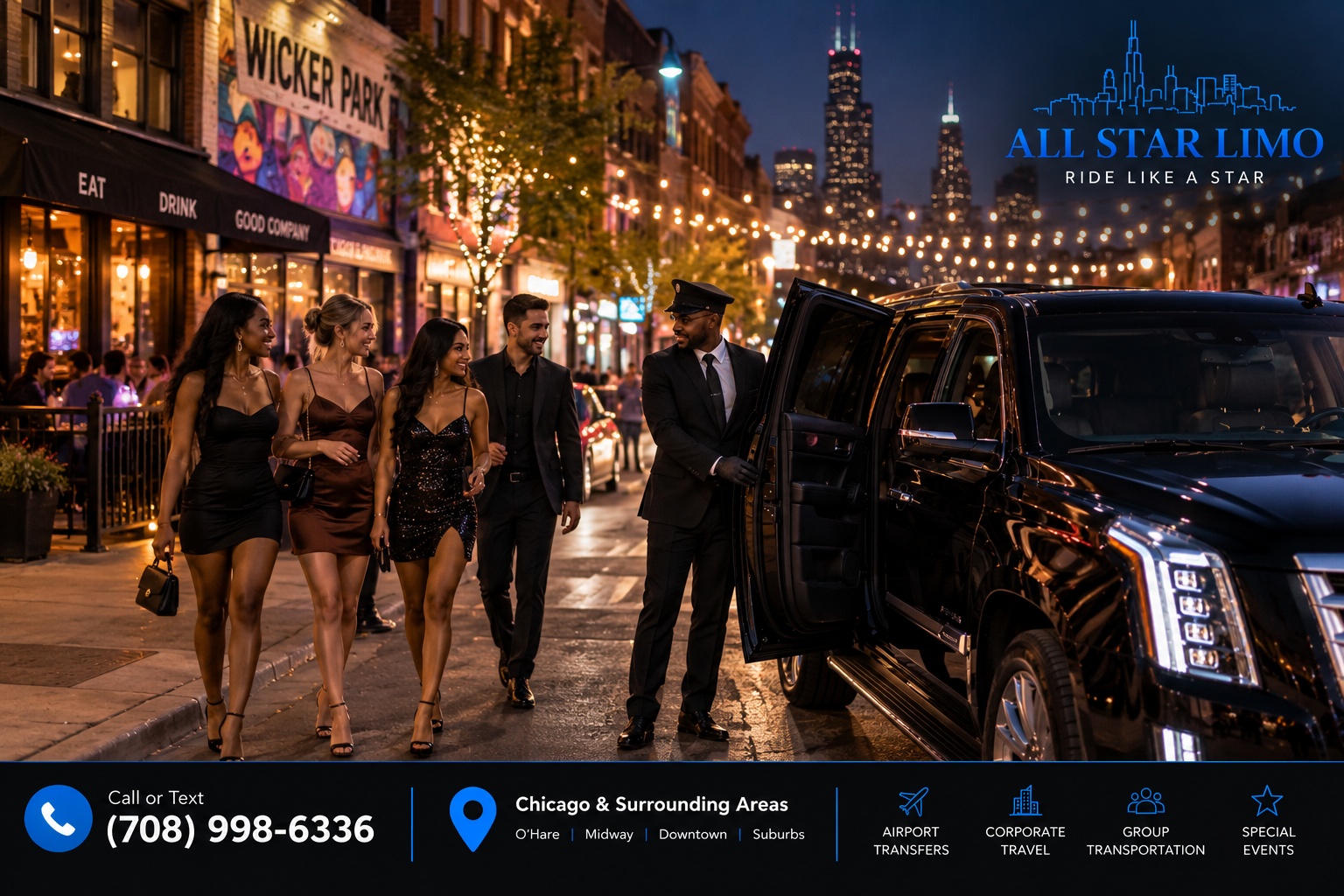 All Star Limo chauffeur greeting a group for a night out in Wicker Park, Chicago