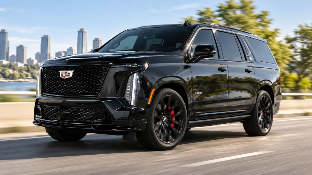 Black 2026 Cadillac Escalade driving on the road for luxury chauffeur and limo service