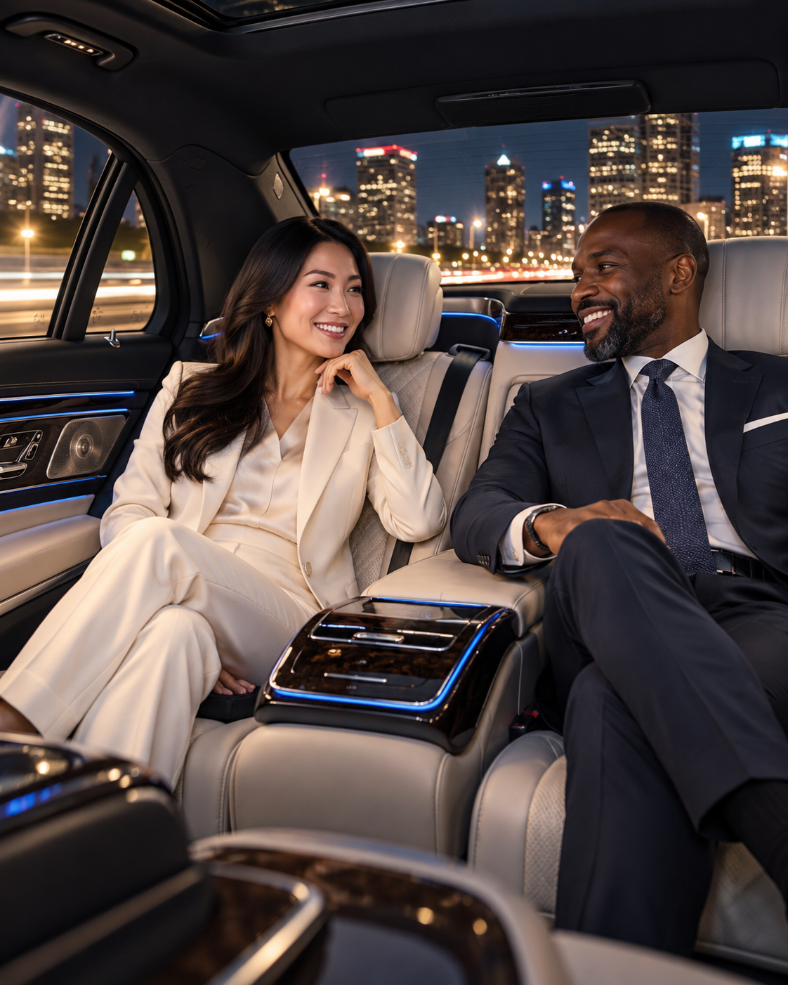 Corporate clients riding in Mercedes S-Class in Chicago