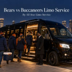 Bears vs Buccaneers limo service with a black Mercedes Sprinter party bus glowing with interior lights near the Chicago lakefront on a cold November night