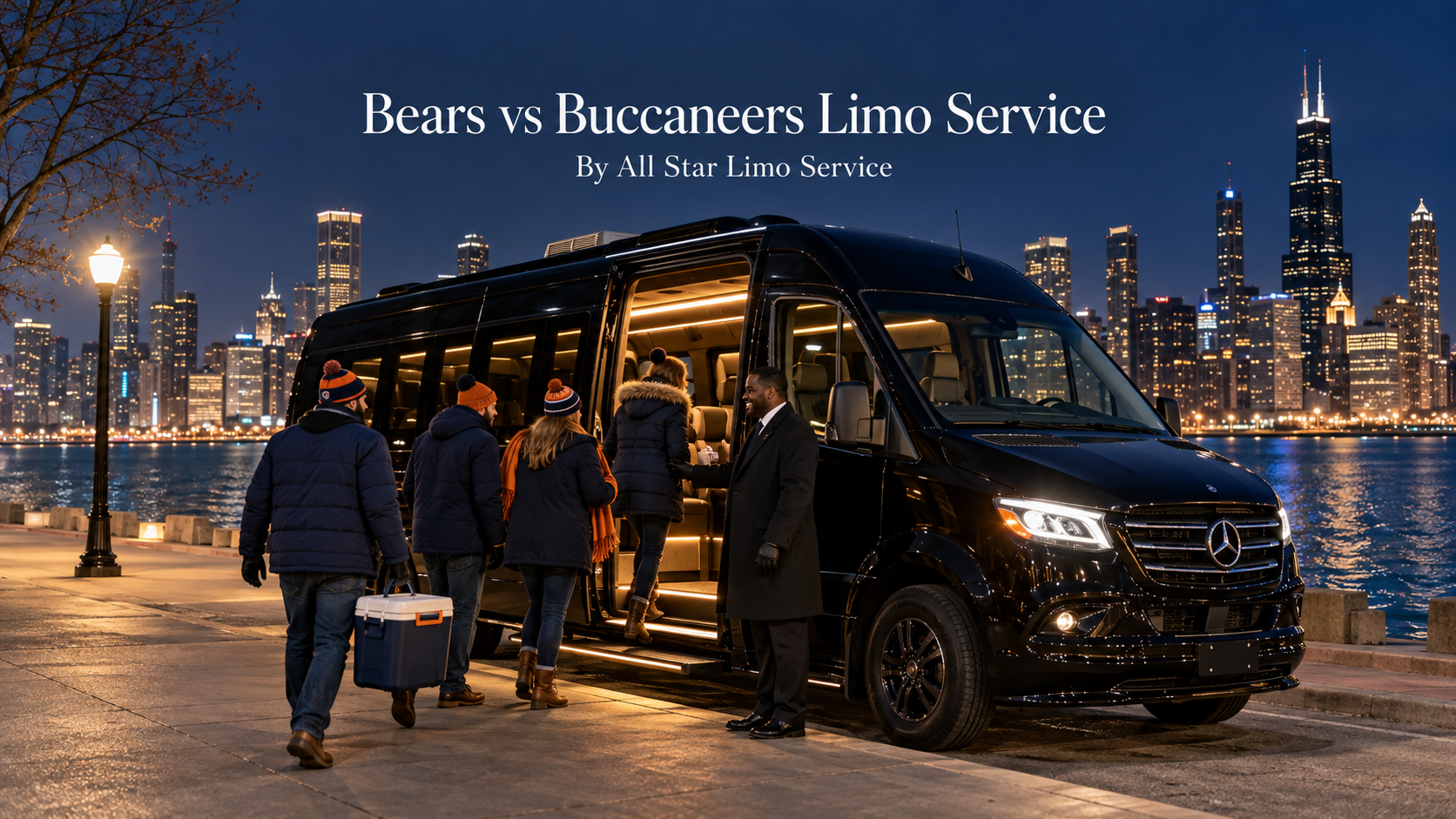 Bears vs Buccaneers limo service with a black Mercedes Sprinter party bus glowing with interior lights near the Chicago lakefront on a cold November night