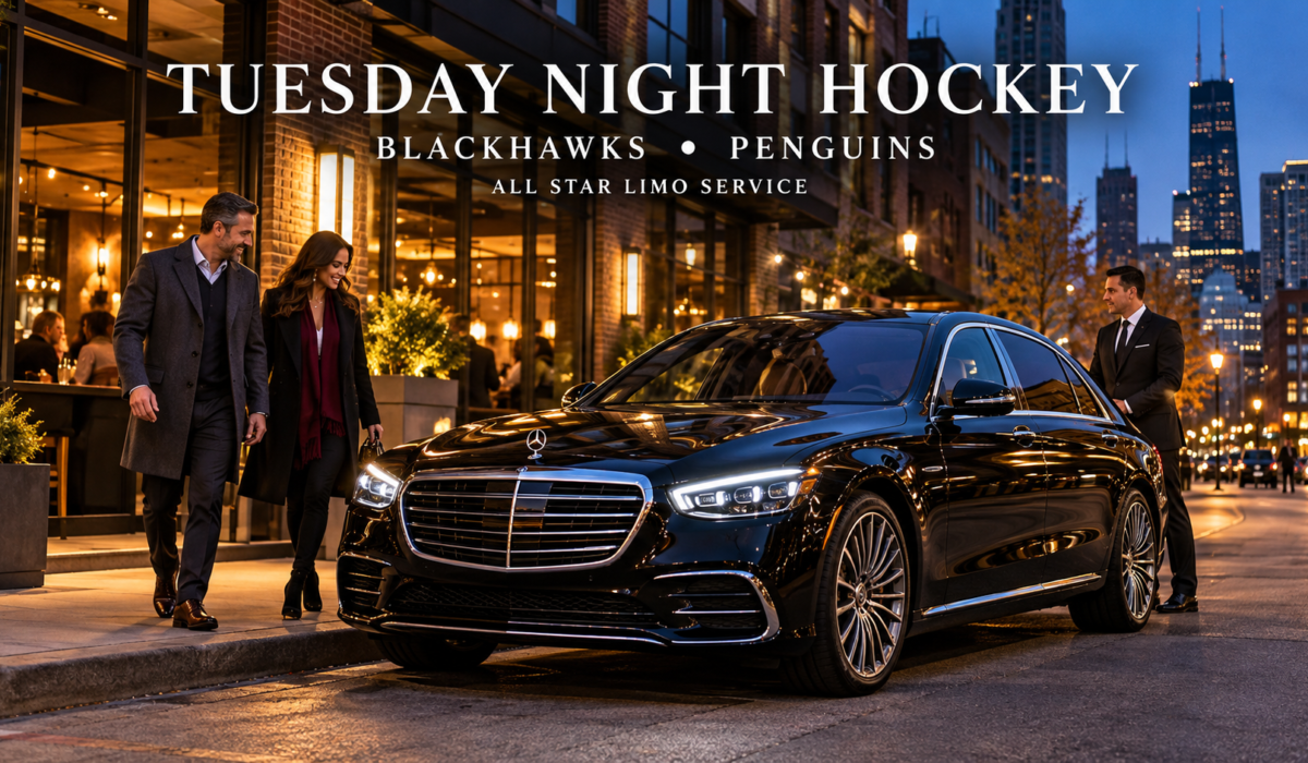 Black 2026 Mercedes-Benz S-Class 580 outside a West Loop restaurant before Blackhawks–Penguins at the United Center with All Star Limo Service.