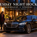 Black 2026 Mercedes-Benz S-Class 580 outside a West Loop restaurant before Blackhawks–Penguins at the United Center with All Star Limo Service.