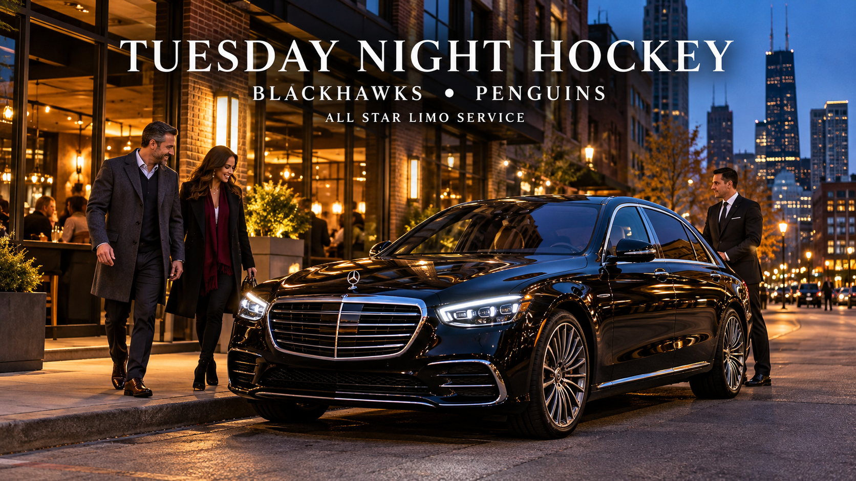 Black 2026 Mercedes-Benz S-Class 580 outside a West Loop restaurant before Blackhawks–Penguins at the United Center with All Star Limo Service.