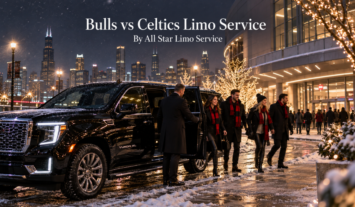 Bulls vs Celtics limo service with a black GMC Yukon XL and chauffeur dropping off fans near the United Center on a snowy holiday game night