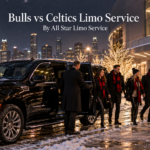 Bulls vs Celtics limo service with a black GMC Yukon XL and chauffeur dropping off fans near the United Center on a snowy holiday game night