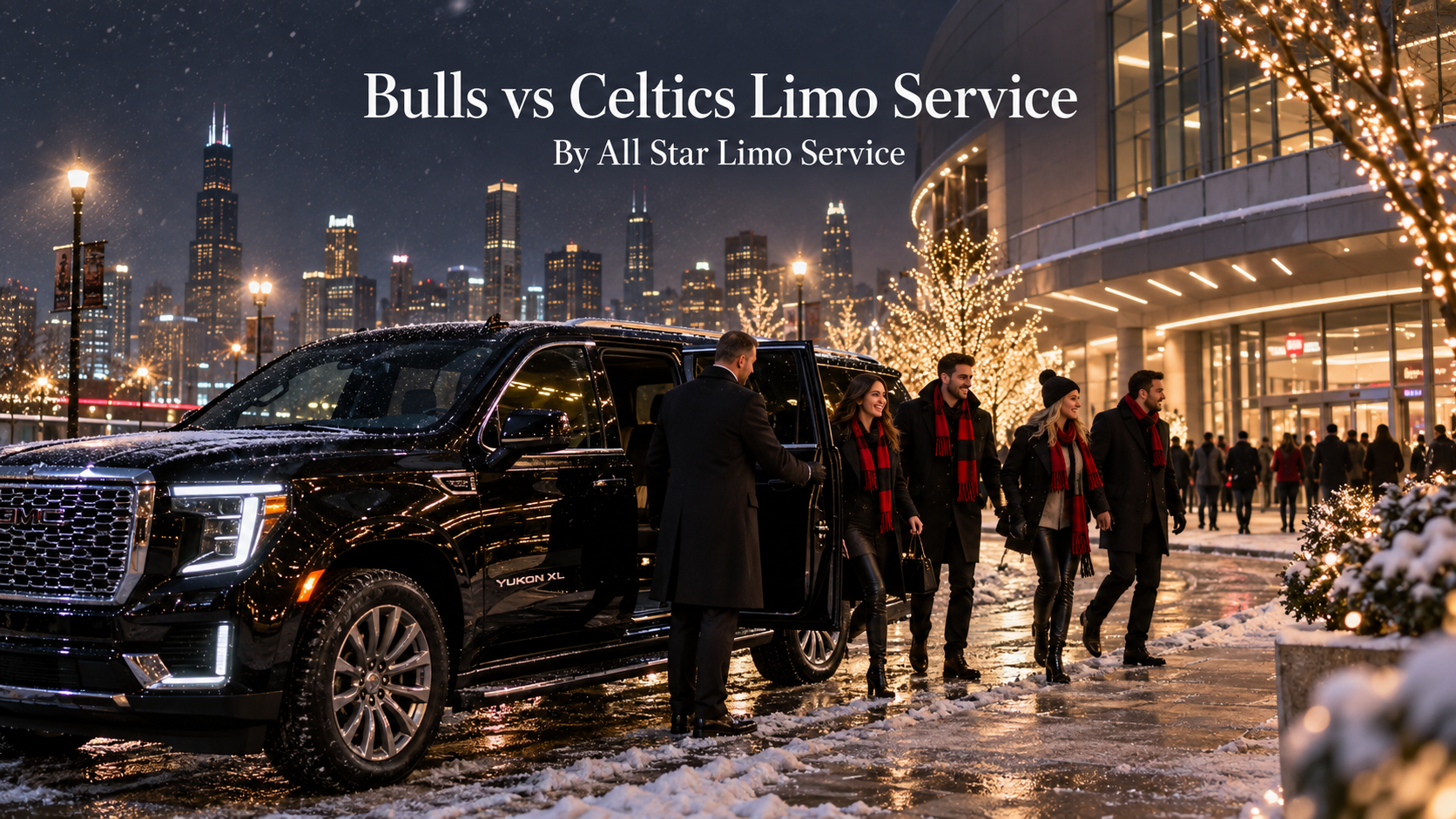 Bulls vs Celtics limo service with a black GMC Yukon XL and chauffeur dropping off fans near the United Center on a snowy holiday game night