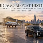 Chicago airport history showing early Midway aviation, the O’Hare jet era and modern luxury airport transportation serving ORD, MDW, PWK and DPA