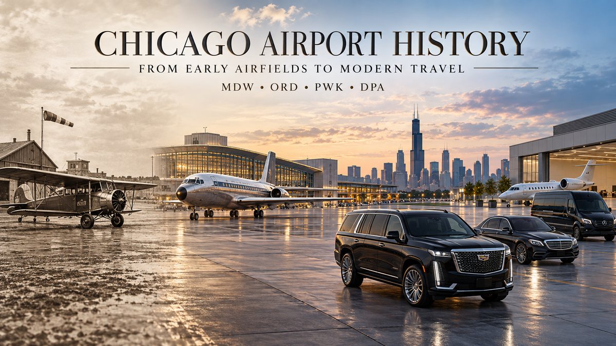 Chicago airport history showing early Midway aviation, the O’Hare jet era and modern luxury airport transportation serving ORD, MDW, PWK and DPA