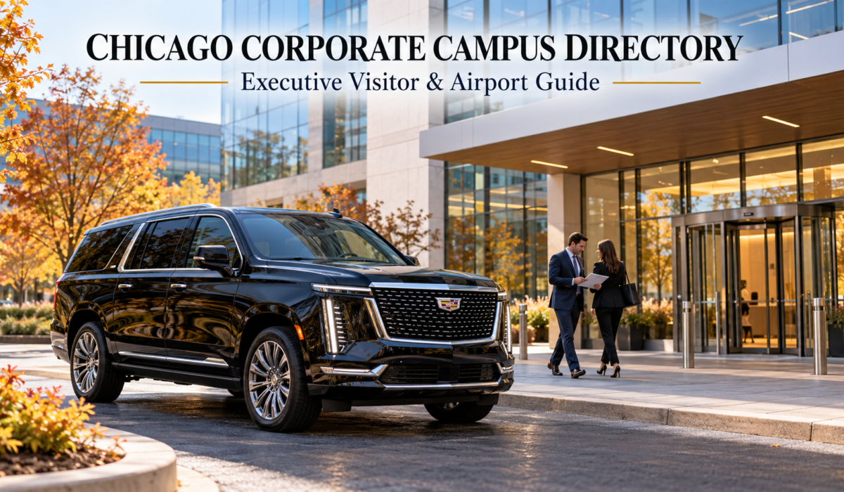 Chicago corporate campus directory featuring a black Cadillac Escalade at a modern Chicago-area executive office campus