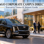 Chicago corporate campus directory featuring a black Cadillac Escalade at a modern Chicago-area executive office campus