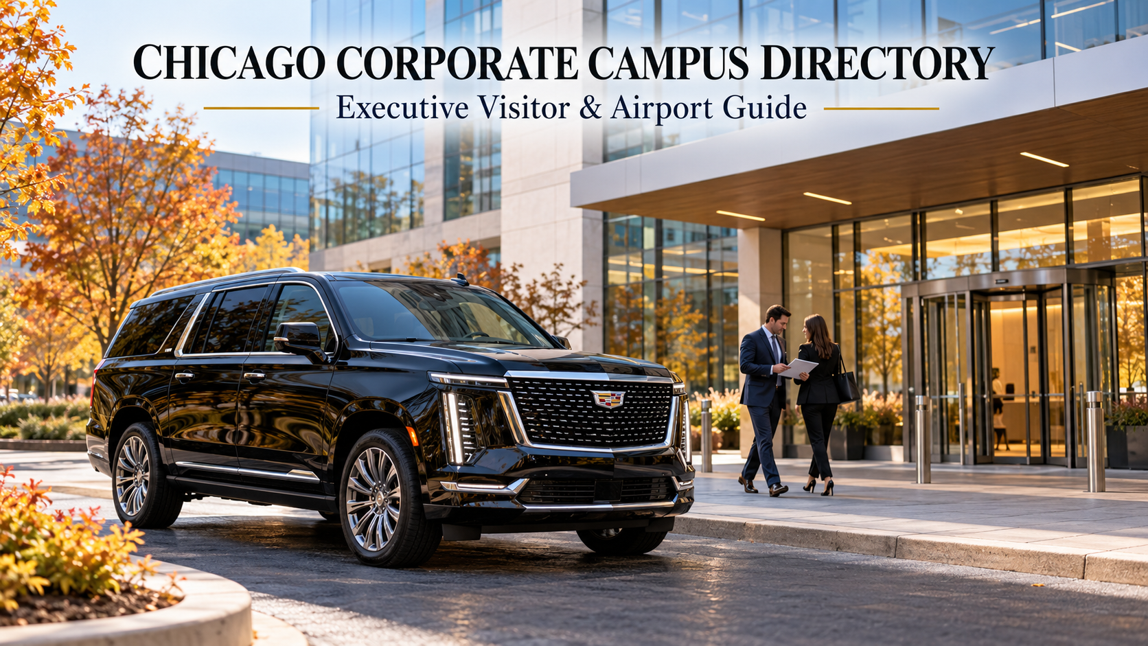 Chicago corporate campus directory featuring a black Cadillac Escalade at a modern Chicago-area executive office campus