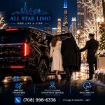 Chauffeur holding the door of a black SUV for a couple in winter coats on a Chicago street lined with holiday lights at night.