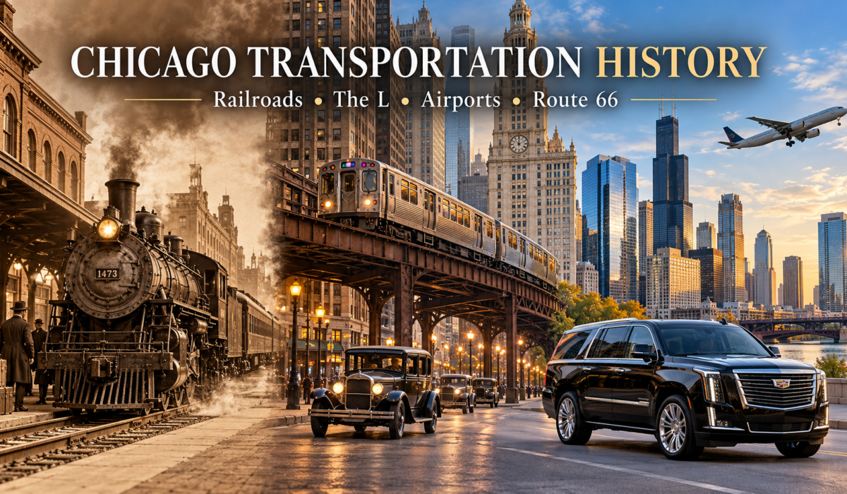 Chicago transportation history illustrated with an early steam train, elevated railway, and modern luxury airport transportation.