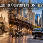 Chicago transportation history illustrated with an early steam train, elevated railway, and modern luxury airport transportation.